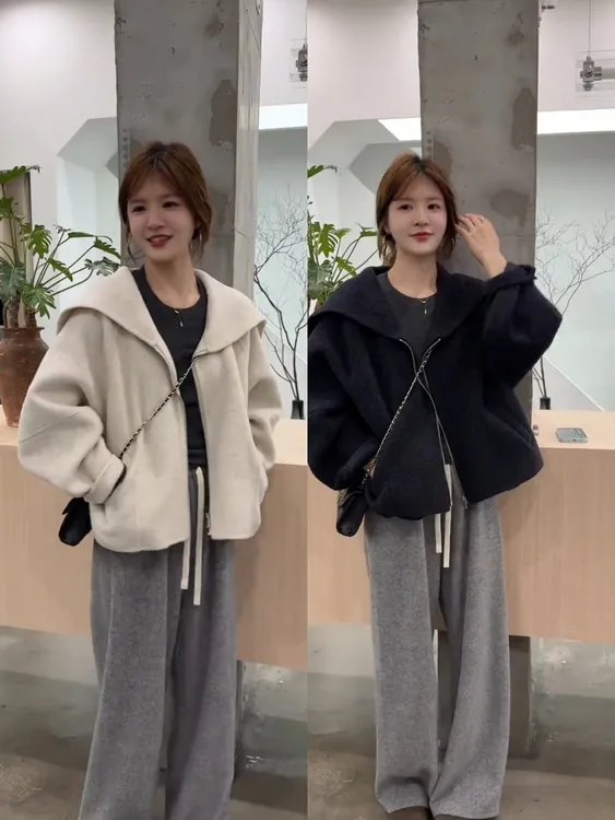 2025海军领双面棉绒大衣女短款高级感复古慵懒风宽松版拉链外套