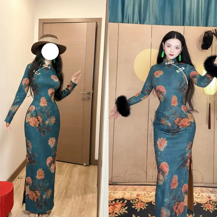 LHMknk1画报夫人原创自制厚款蓝丝缎旗袍 秋冬蓝丝缎特价不退不换