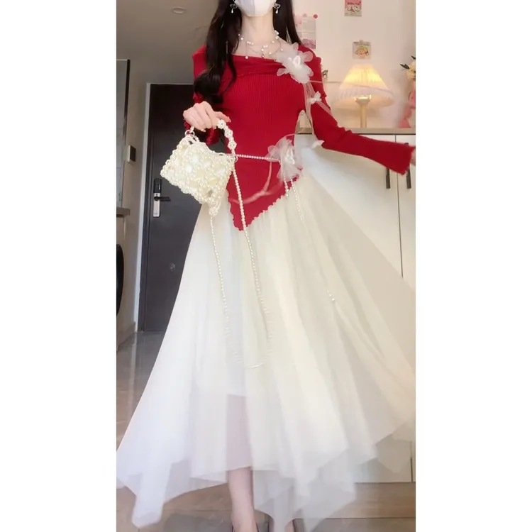 秋季首发设计款双花腰带仙气仙女裙新中式假两件连衣裙修身气质