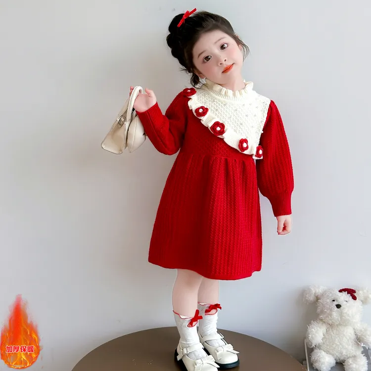 女童甜美立体花朵年服连衣裙秋冬新款小女孩洋气保暖针织毛衣裙子