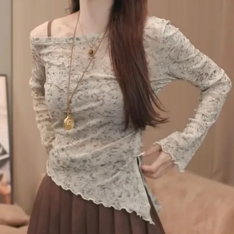 美式斜肩修身显瘦长袖T恤女2025秋季新款小众不规则防晒罩衫上衣