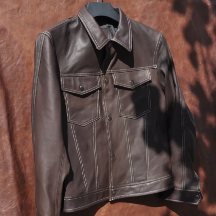 仅14件无涂水染油蜡山羊真皮皮衣男款经典507修身短款皮夹克春秋