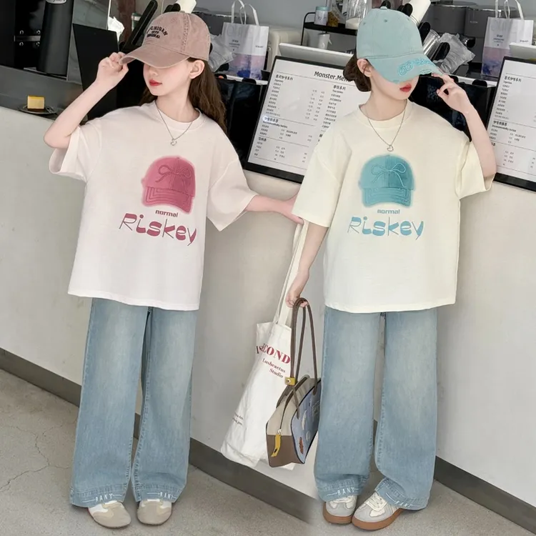 女童夏季短袖套装2025新款洋气儿童T恤女孩夏装薄款牛仔裤两件套