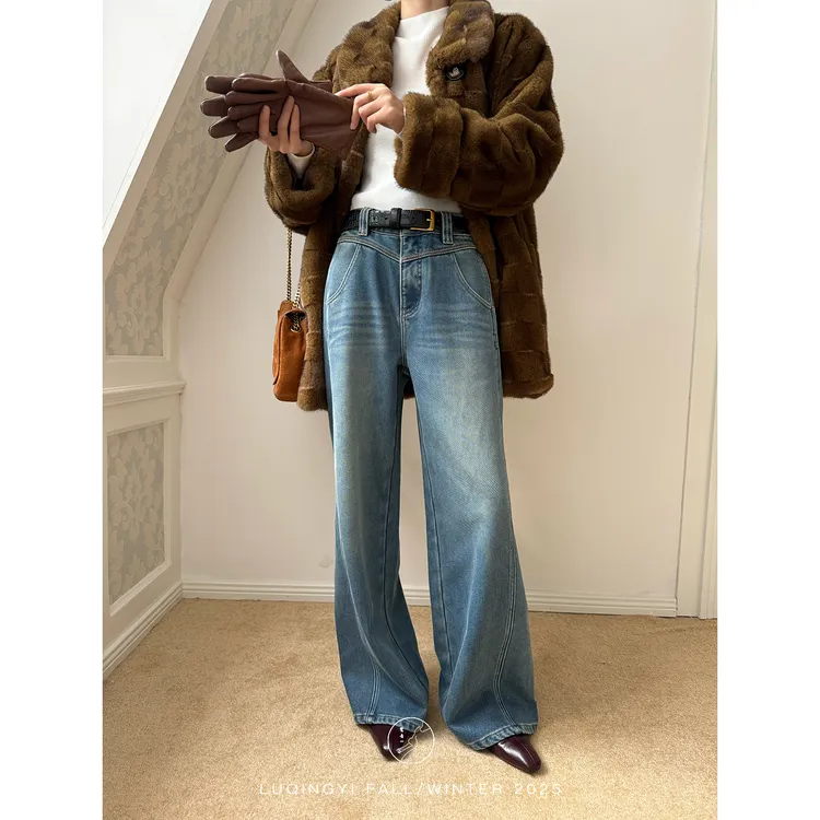 鹭青一原创【斯别】棉感水洗植绒分割线直筒牛仔裤L25N2283N