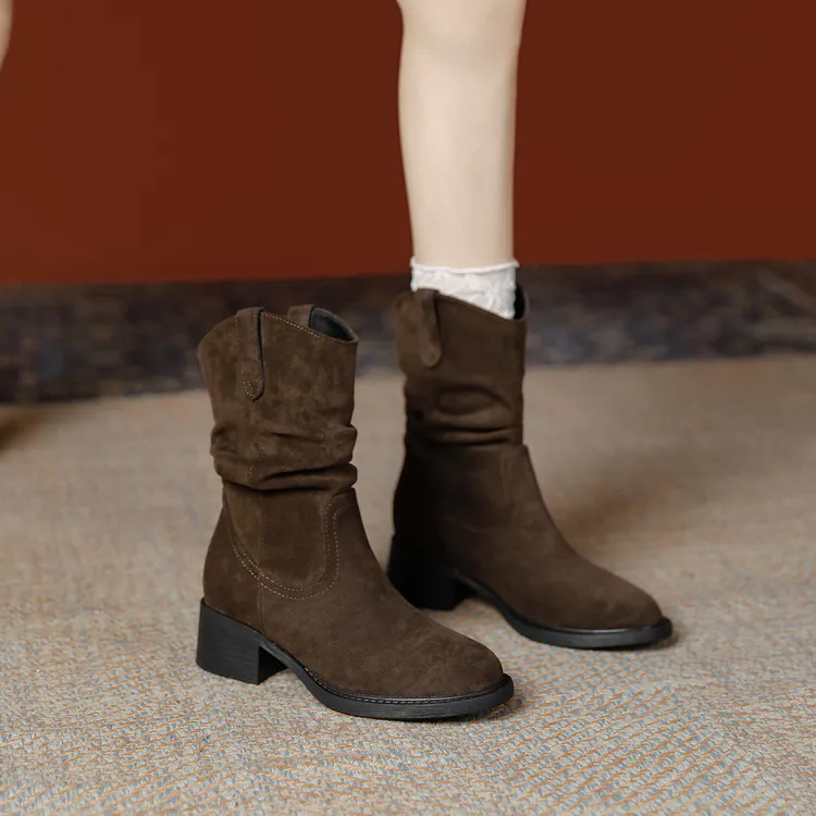 内增高8cm堆堆靴子女秋冬2025新款美拉德西部牛仔短筒显瘦马丁靴