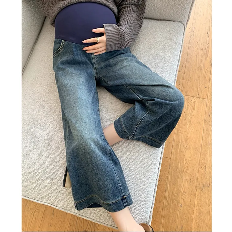 孕妇九分阔腿牛仔裤复古蓝气质秋季2025新款不勒肚子孕期直筒裤子