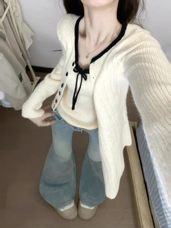 韩系针织开衫配吊带女早秋季新款软糯毛衣外套外搭上衣氛围感穿搭