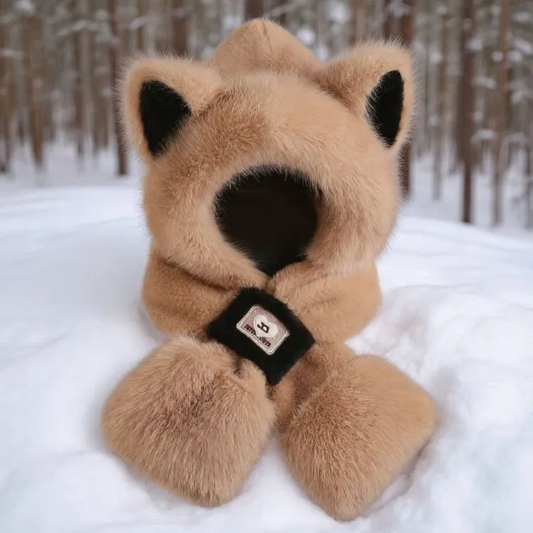 儿童帽子围巾一体女可爱狐狸帽毛绒帽围脖冬季防风保暖防寒护耳帽