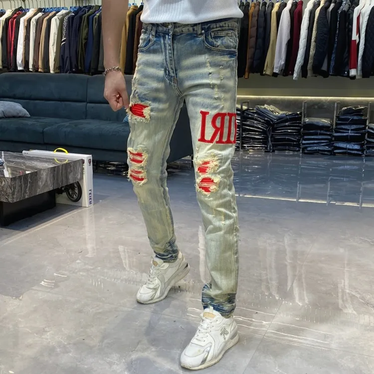  【也许家】新品男士破洞刺绣弹力修身长裤子蓝色个性牛仔裤AA3835
