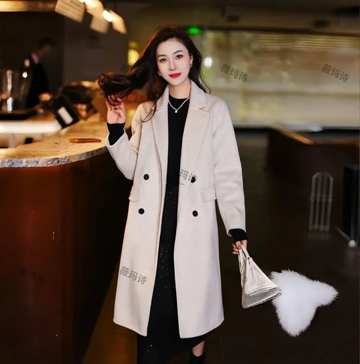 小个子显瘦百搭秋冬时尚西装领羊毛外套大衣直下摆长袖2588