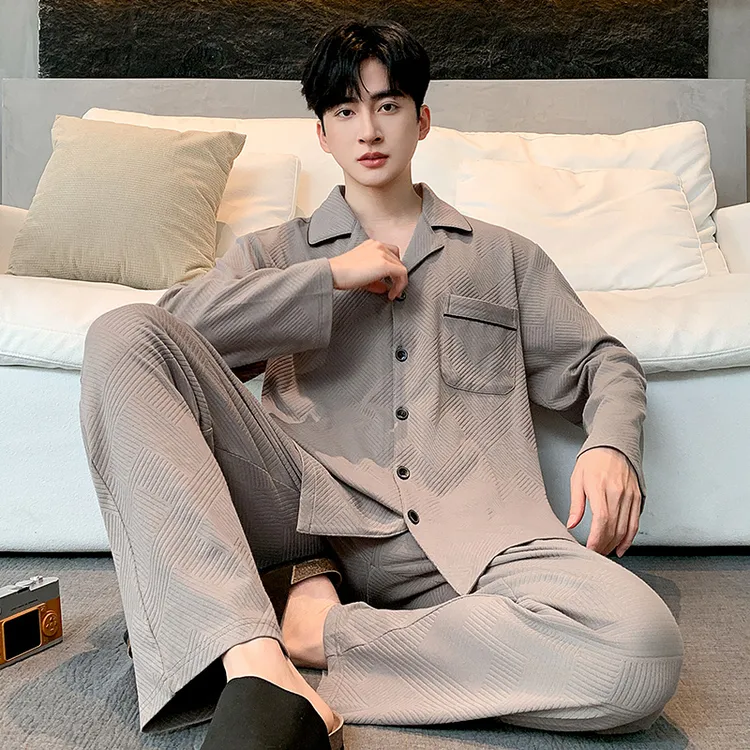 男士睡衣春秋款莱卡棉长袖翻领高级感春秋舒适家居服休闲秋季套装