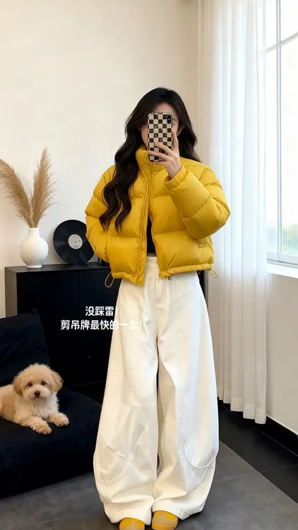 2025秋冬新款韩系极简时尚百搭通勤风两件套姜黄色保暖棉服阔腿裤