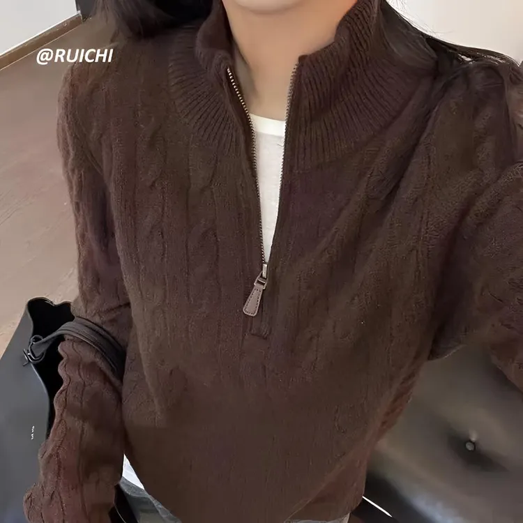 韩系复古2026春季新款半拉链立领麻花高级洋气针织打底衫上衣女