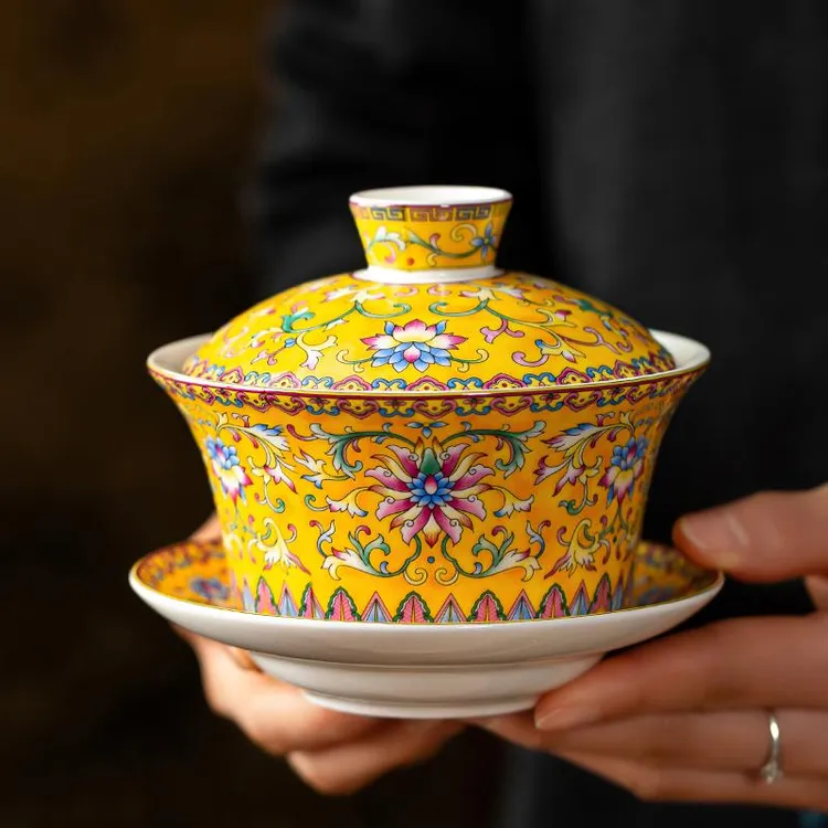 范哲萨骨瓷珐琅大盖碗陶瓷三彩碗三角碗茶碗覆古茶杯八宝茶盖碗