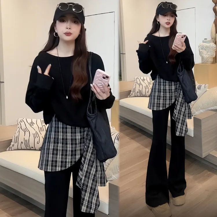 高含棉慵懒休闲套装女2026春秋新款气质斜肩卫衣格子微喇裤两件套