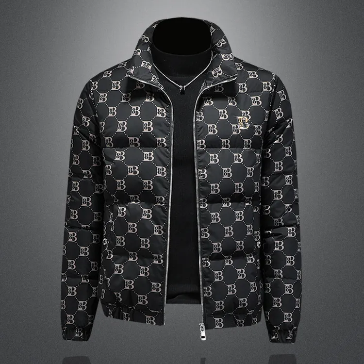 荷波撒纳温男士鸭绒字母印花羽绒服冬季加厚短款时尚潮流休闲外套