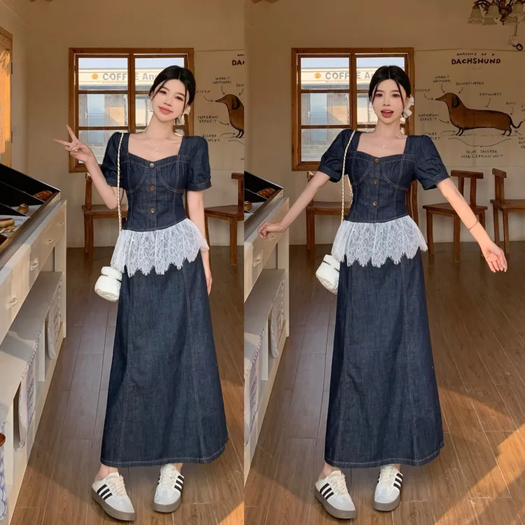  大码夏季新款法式复古气质显瘦蕾丝拼接牛仔上衣高腰半身裙套装