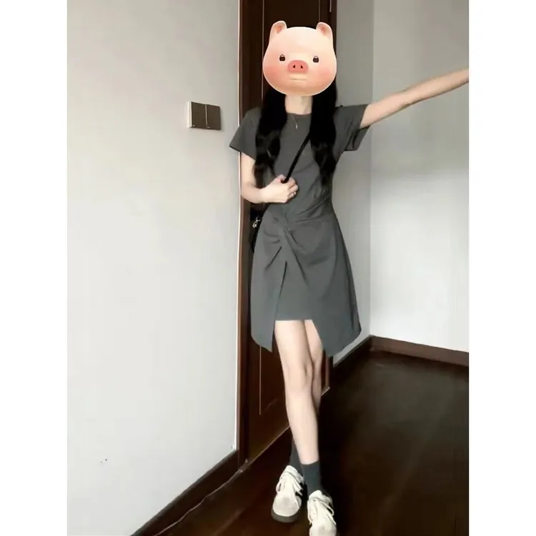 楠初ncII茶歇法式气质灰色收腰连衣裙女夏季2025新款短袖圆领小众