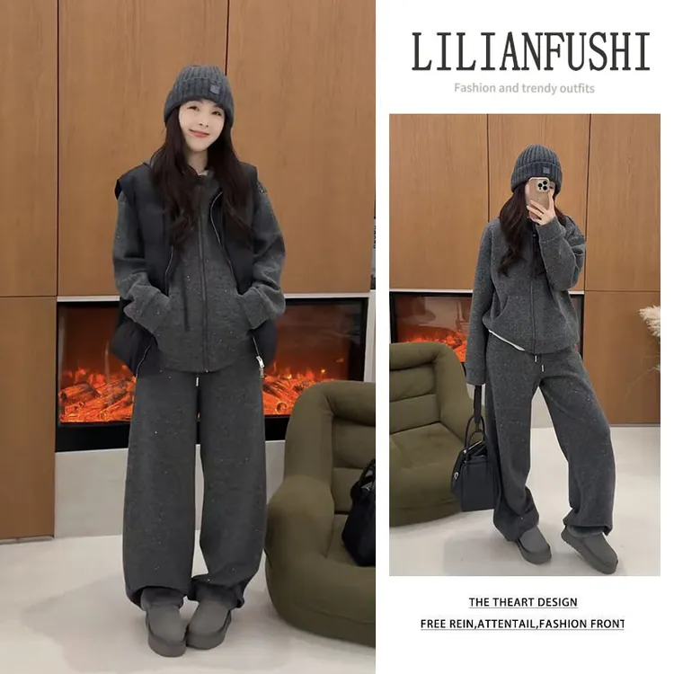 时尚穿搭2025秋冬新款百搭马甲长袖连帽上衣毛衣显瘦阔腿裤两件套