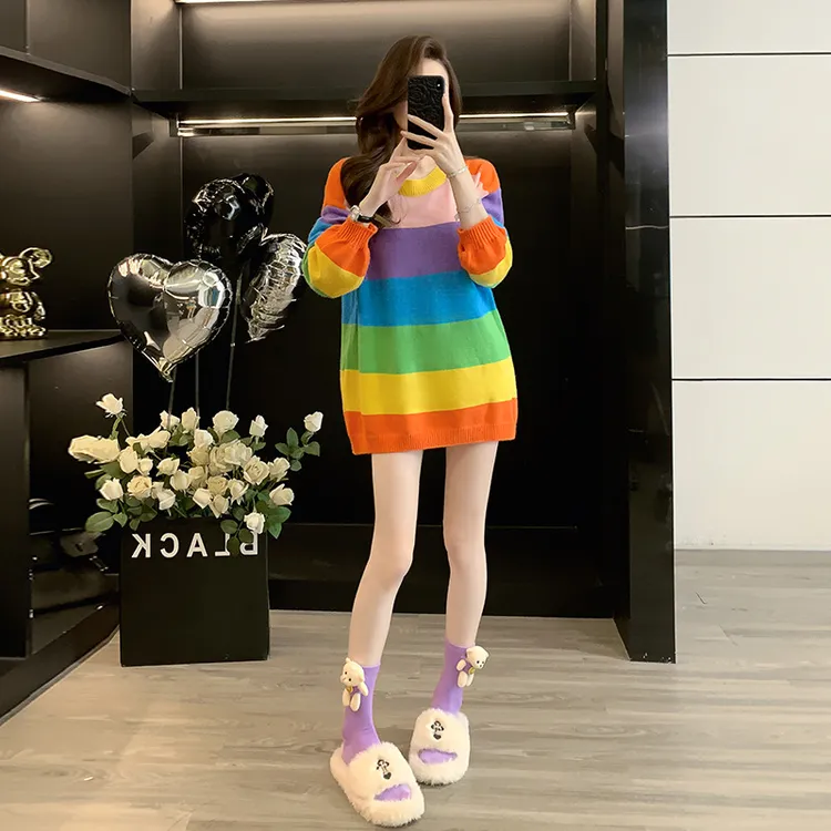 彩虹毛衣女宽松慵懒风2020新款春秋装韩版港味针织衫上衣