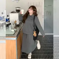 LT STUDIO辣条大码女装 翻领假两件刺绣长袖卫衣半身裙套装