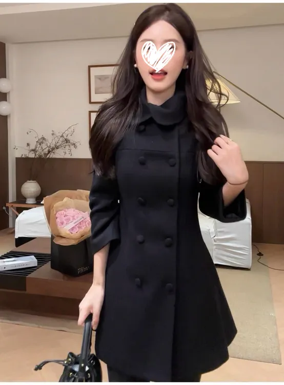 奥黛丽~韩版翻领分割线双排扣小香风设计感毛呢大衣