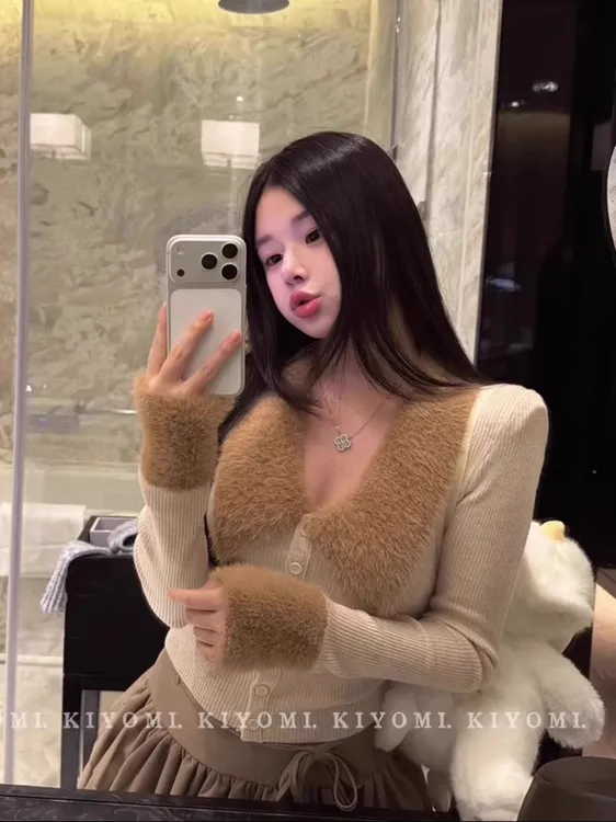 韩版纯欲风辣妹仿水貂毛拼接设计感大翻领贵气针织毛衣开衫上衣潮