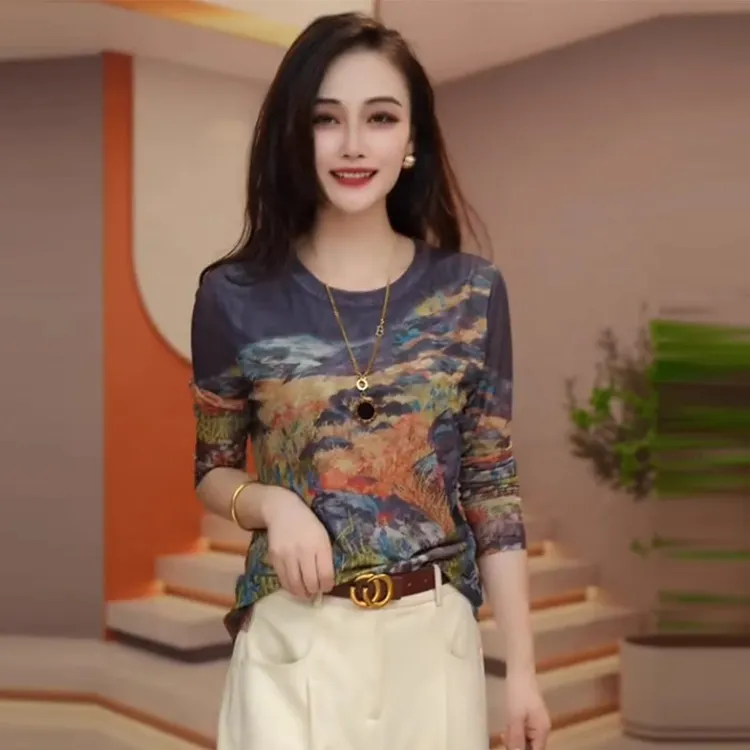 高级花色网纱打底衫女春秋新款女士洋气t恤高档长袖女装上衣小衫