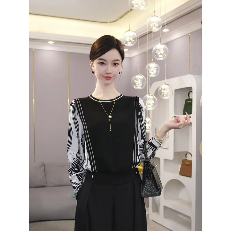 唐熹2025秋季新款【5871】含绵羊毛宫廷风斑马纹假两件针织长袖上衣