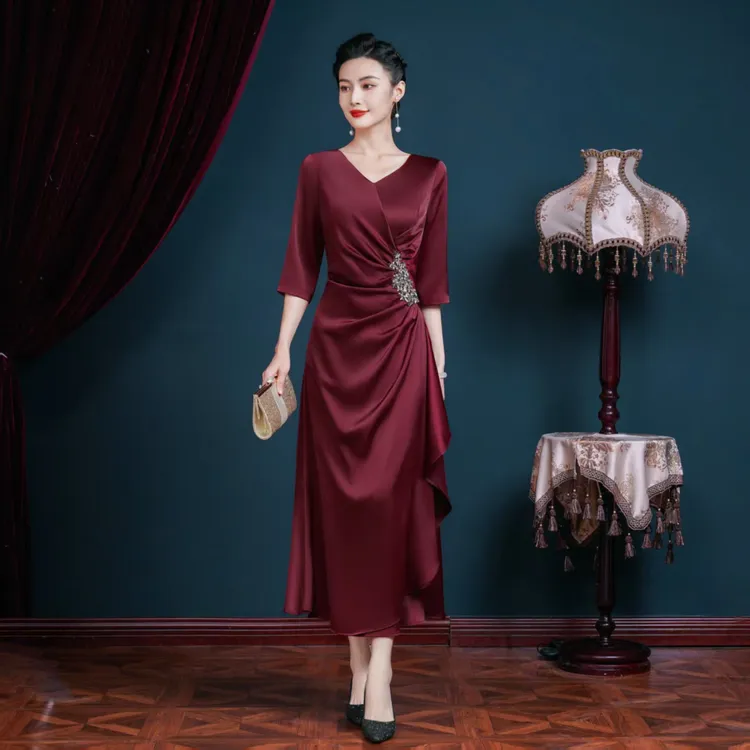 旗袍秋冬新中式喜婆婆婚礼连衣裙大码喜妈妈宴会款女装中国风礼服