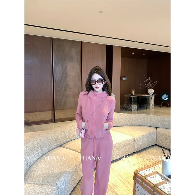 媛媛【桃桃香氛】休闲套装女秋冬新款开衫卫衣阔腿裤两件套#TZ0808