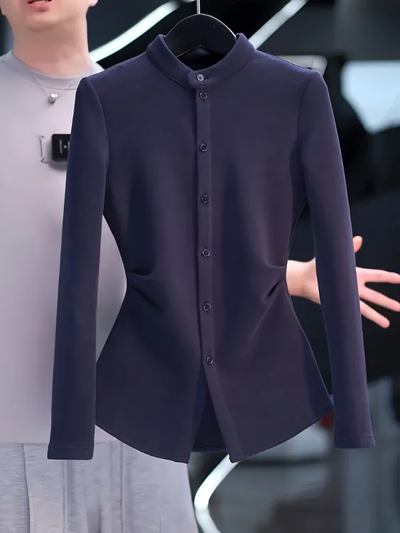 高级感烟囱领长袖t恤女秋冬季2025新款收腰上衣藏青色打底衫内搭