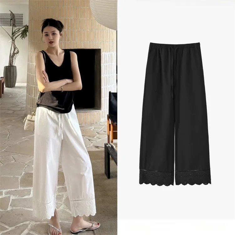 刺绣镂空拼接花边休闲裤女夏季薄款高腰显瘦百搭宽松直筒九分裤子