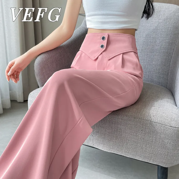 VEFG粉色冰丝西装裤子女夏季高腰薄款多巴胺休闲宽裤秋装潮流裤子