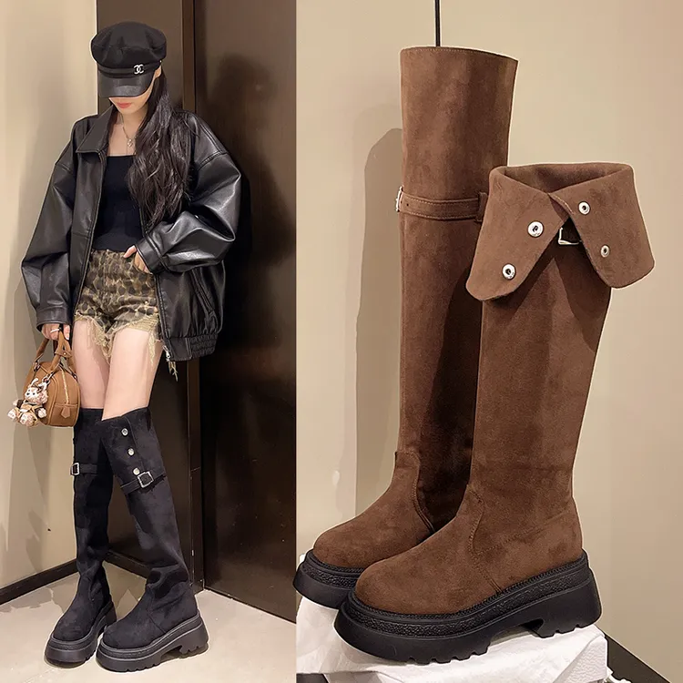 两穿胖mm粗腿过膝靴女大筒围长筒靴厚底高筒骑士靴大码长靴41到42