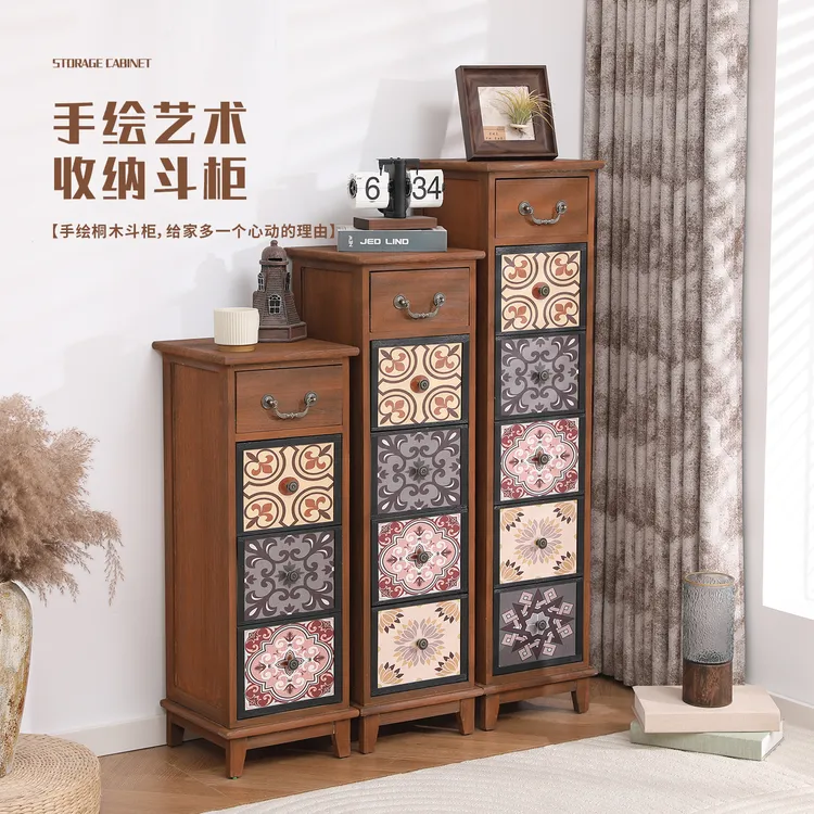 实木复古收纳柜小户型斗柜边缝柜夹缝柜卧室储物柜彩绘多功能柜子