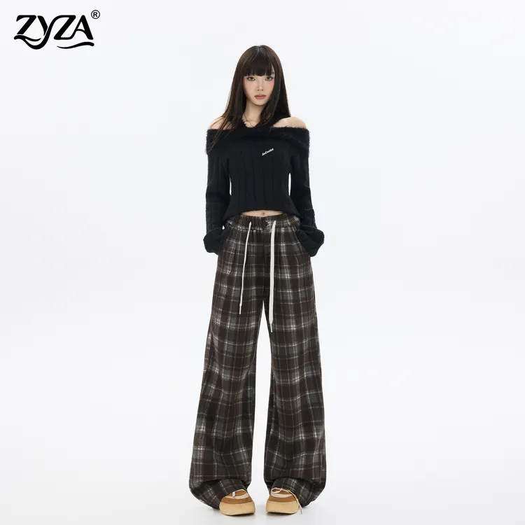 ZYZA咖色格子休闲裤女秋季新款复古宽松慵懒风高腰弹力直筒阔腿裤