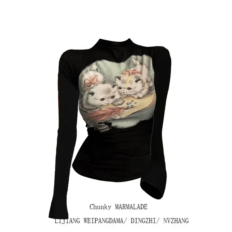 1193-美式辣妹猫咪印花立领长袖T恤女秋季紧身显瘦正肩上衣服