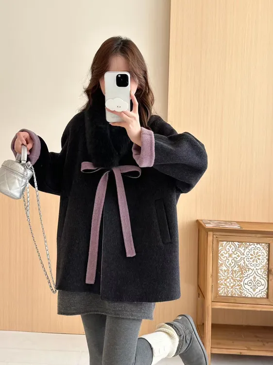双面羊毛大衣甜美毛呢蝴蝶结羊毛外套2025秋冬配可拆真狐狸毛领女