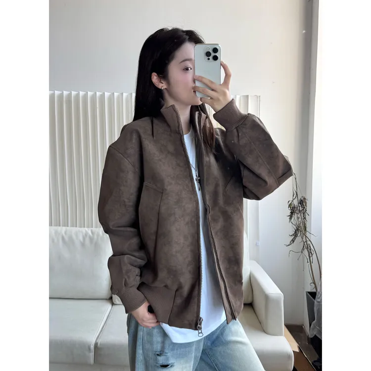 cleanfit美式复古硬汉男款立领理石纹夹克设计感飞行员皮衣做旧风