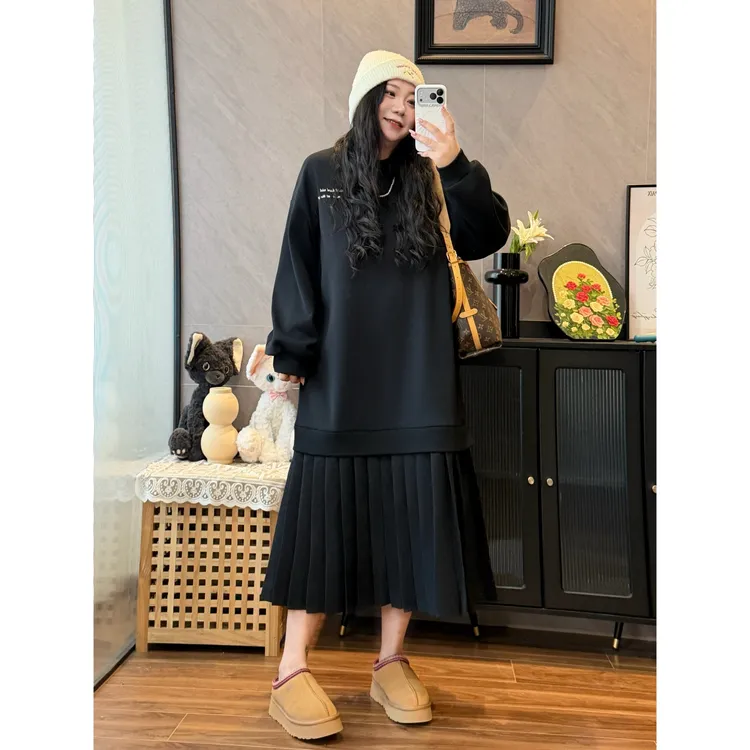 花契“冰岛雾凇”大码女装冬季宽松200斤胖mm加绒休闲连衣裙16241-H