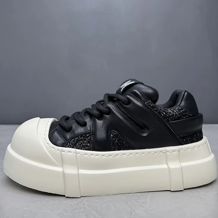 溪嘟别不规则圆头设计阔版松糕厚底板鞋真皮轻便增高面包休闲潮鞋