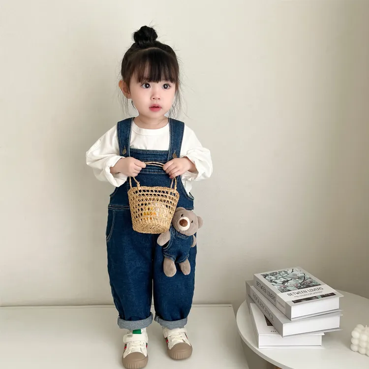 儿童牛仔背带裤春秋款童装男女宝宝休闲裤小童婴儿深色吊带裤裤子