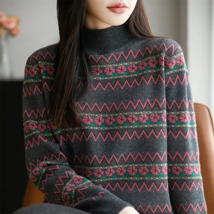 品牌撤柜正品新款半高领波浪小花条纹2025冬季时尚洋气羊毛上衣女