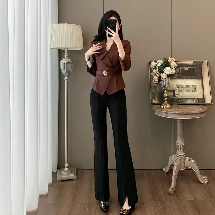 喇叭裤外穿微喇高腰时尚套装气质通勤西装外套直筒开叉长裤两件套