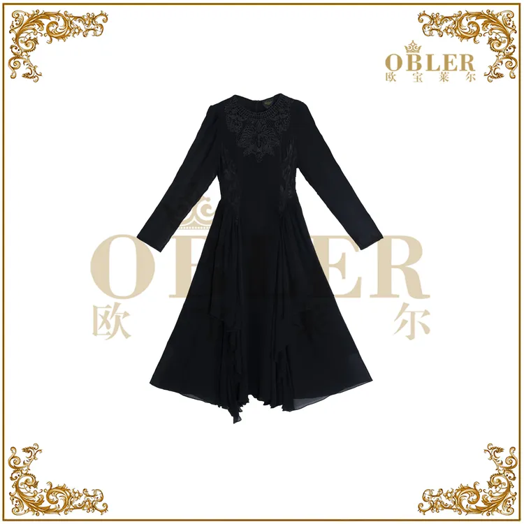 【欧宝莱尔】2025早秋新款蕾丝拼接镂空长袖连衣裙305-A-25403