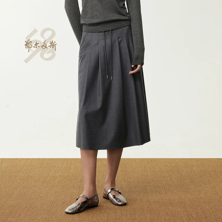 鄂尔多斯1980新品精纺羊毛羊绒弹力抽绳伞裙女装休闲半裙25秋冬