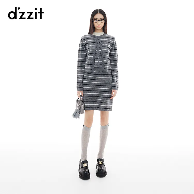 dzzit地素长袖针织衫秋冬100%绵羊毛假两件设计条纹女3I4E523