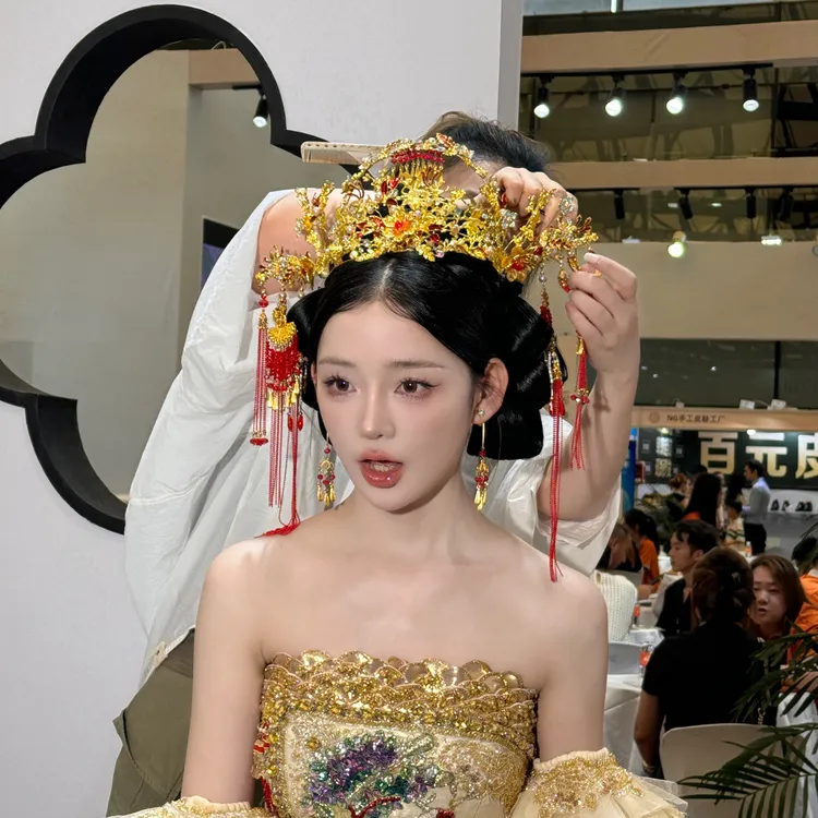 展会款SE-11 结婚新娘头饰红金色前后冠