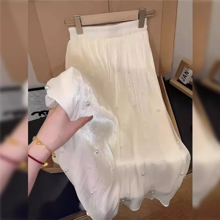 轻奢高级感2025新款夏季高腰珠光半身裙白色时尚气质百搭纱裙潮流